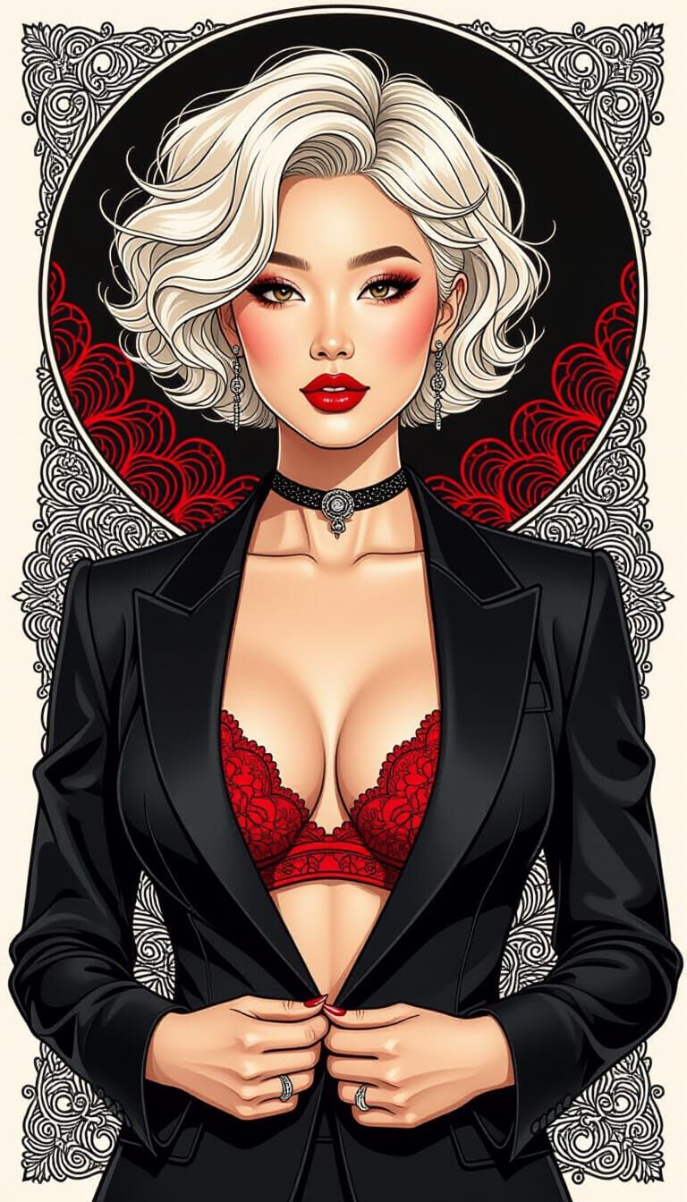 Stunning Woman in Tuxedo with Fine Linework Details