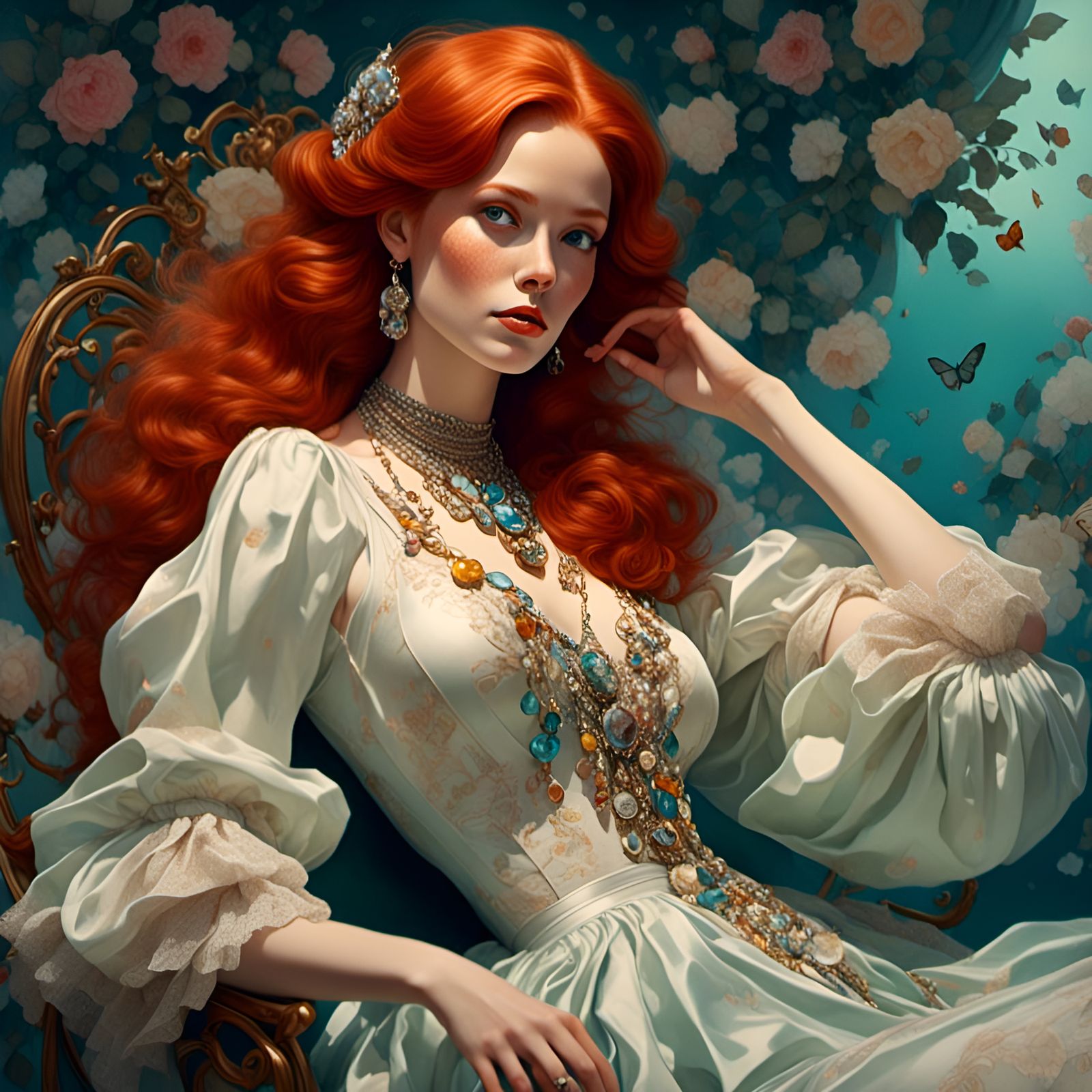 Redhead Woman Portrait in Romantic Watercolor Style