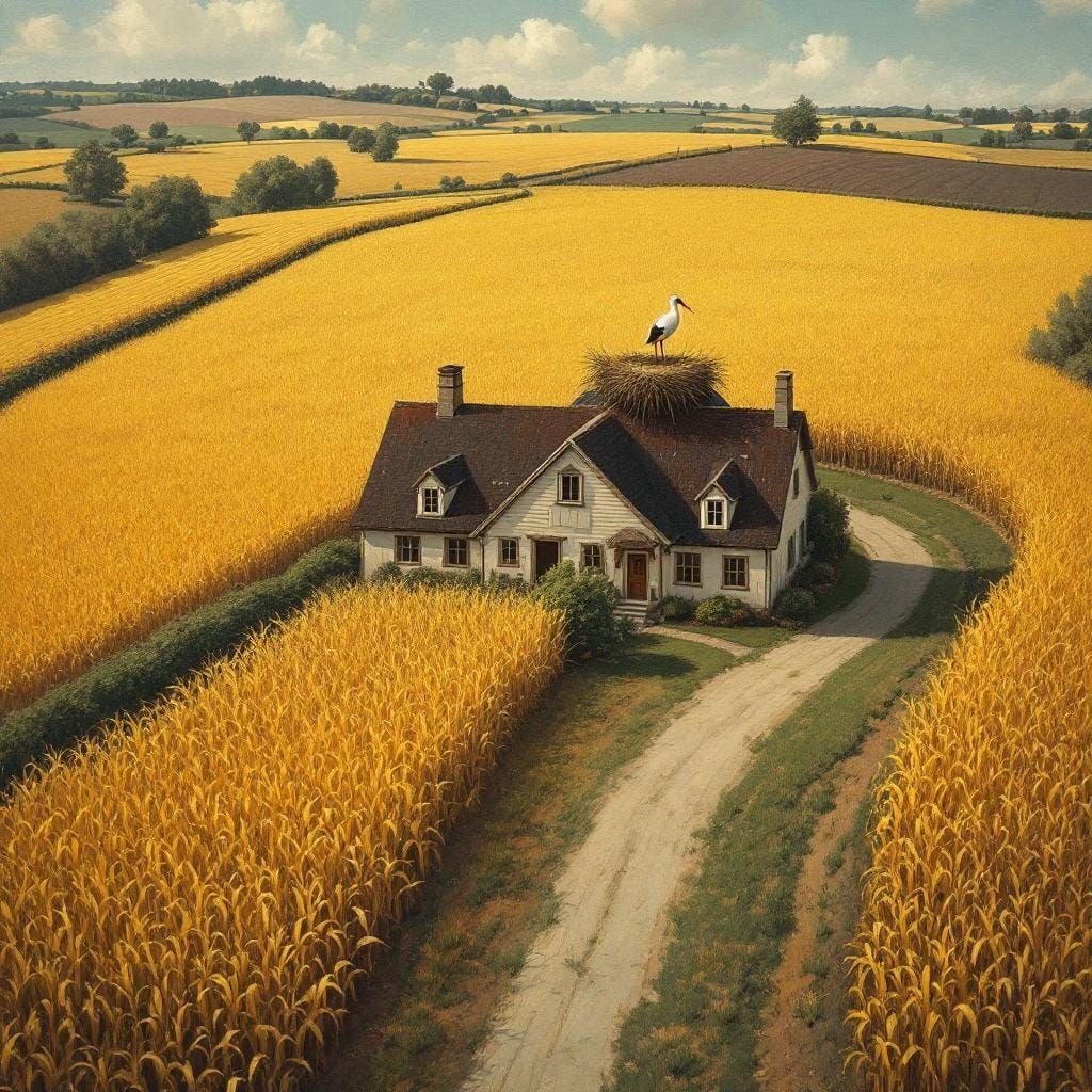 Stork Nest Above Farm in Impressionistic Landscape