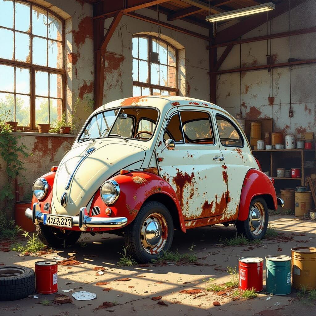 Rusty BMW Isetta in Abandoned Workshop as Oil Painting