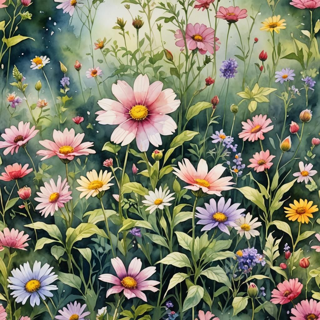 Realistic Watercolor Painting of Morning Flowers
