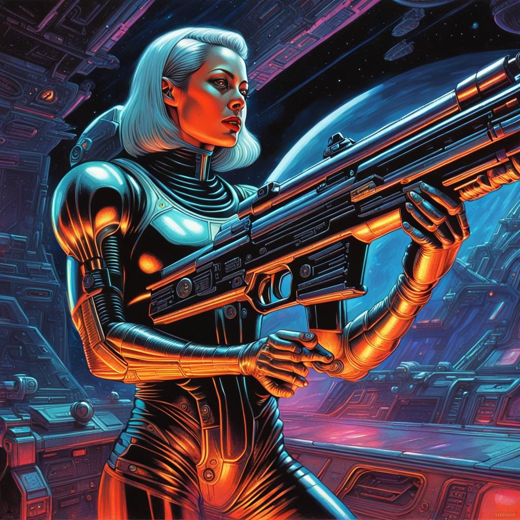 Intricate Warrior in Neon-Lit Space