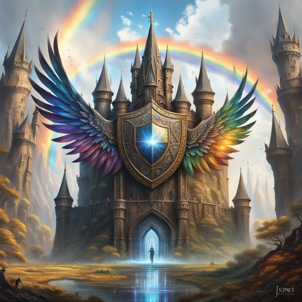 Rainbow Shield Over Gothic Castle