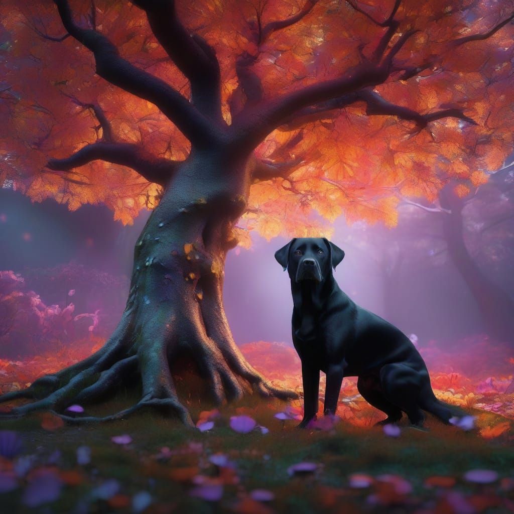 A Black Lab Amidst Mystical Forest Glow