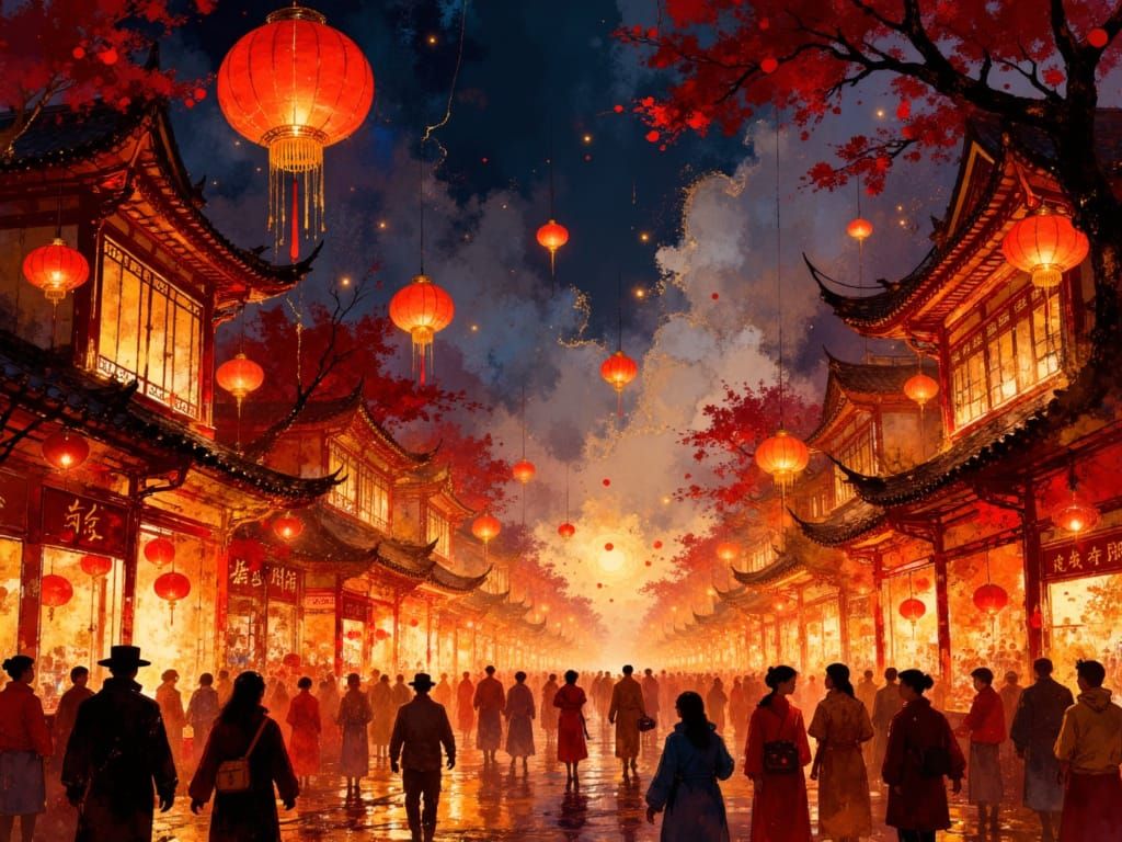 Bustling Chinese Street Market at Night in Festive Style