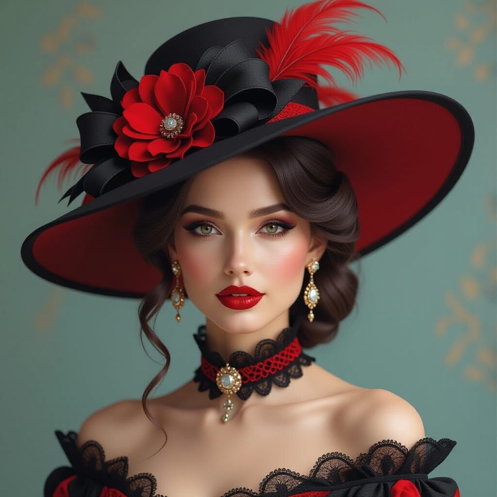 Woman in Extravagant Red & Black Hat Portrait