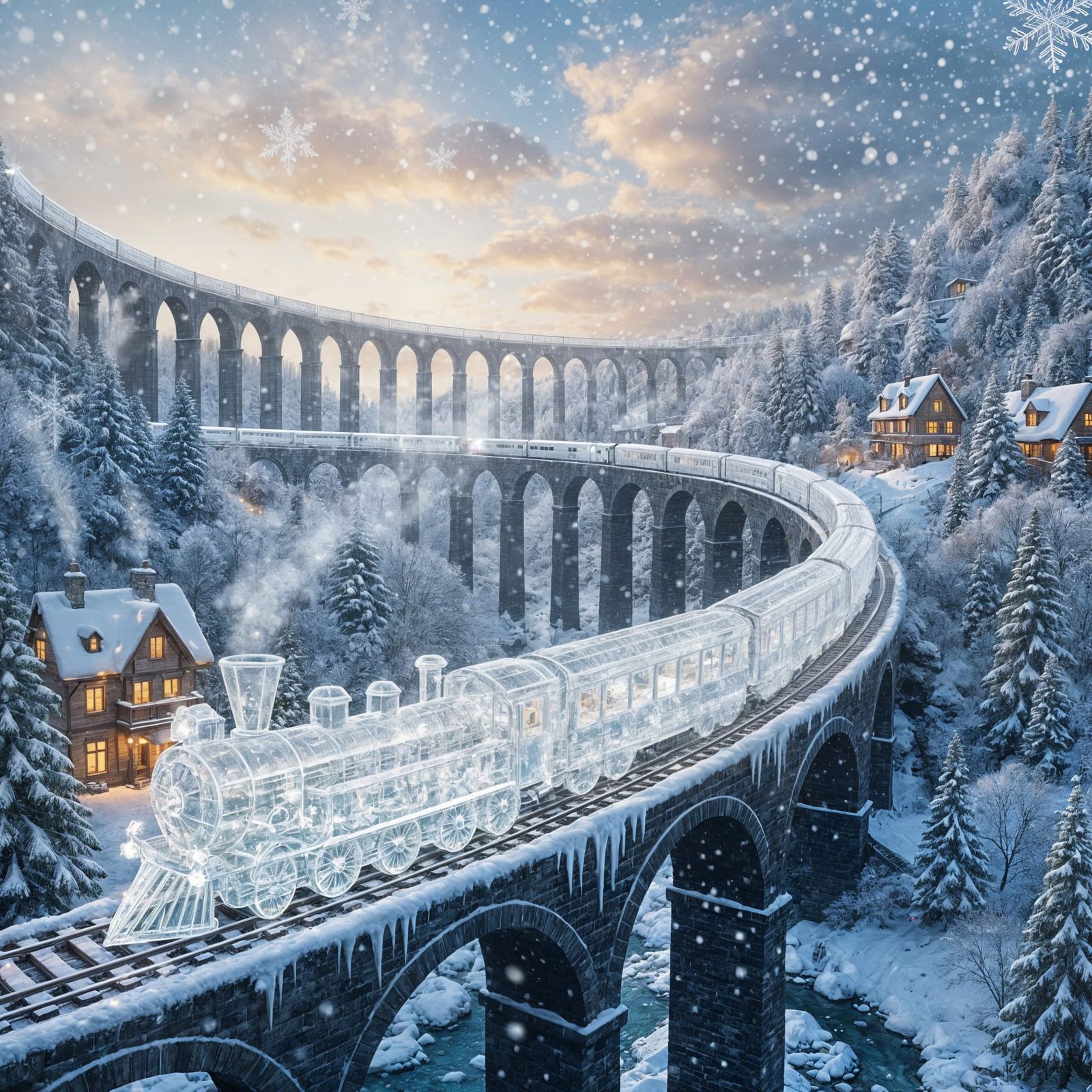 Magical Crystal Train in Snowy Fantasy Landscape