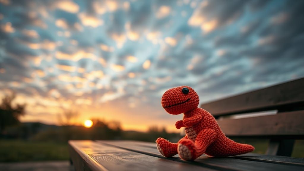 Crocheted T-Rex Toy at Brilliant Sunrise