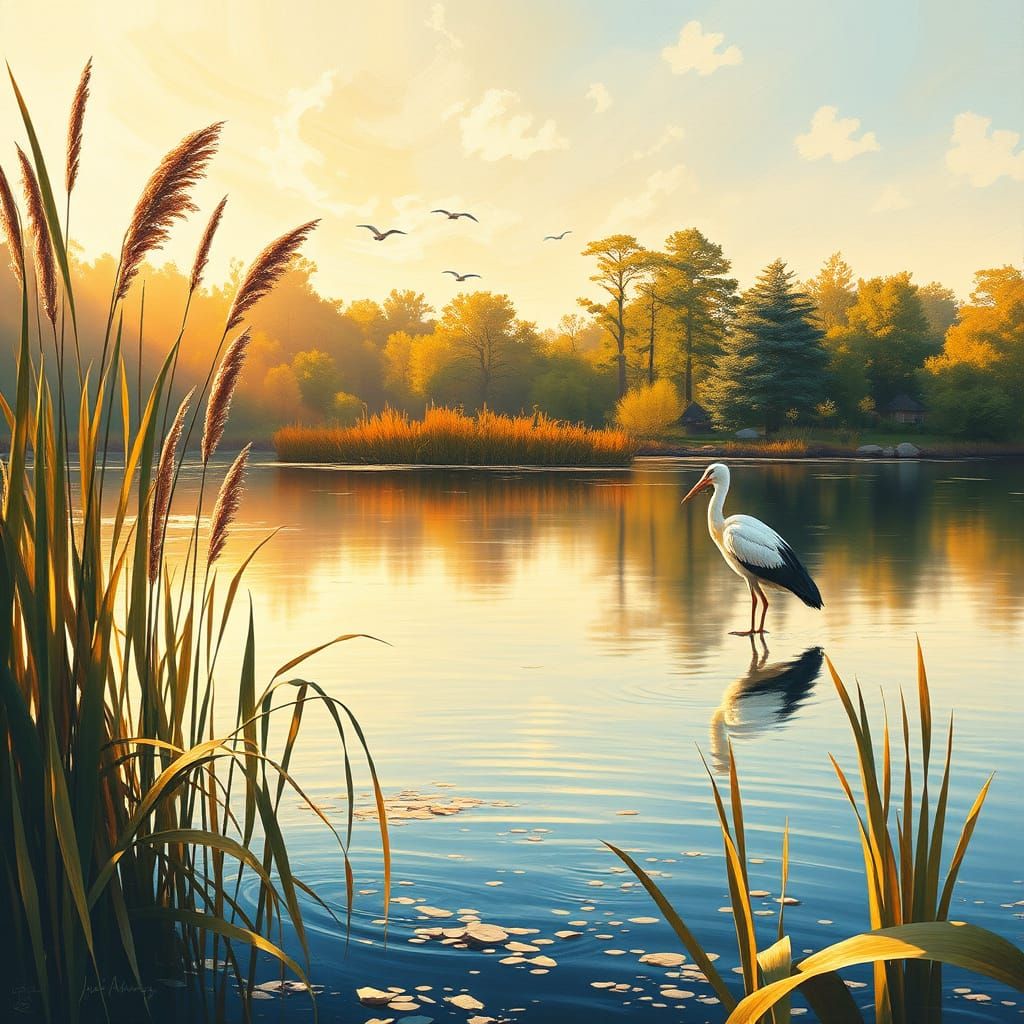 Stork in Golden Light: Impressionistic Lake Scene