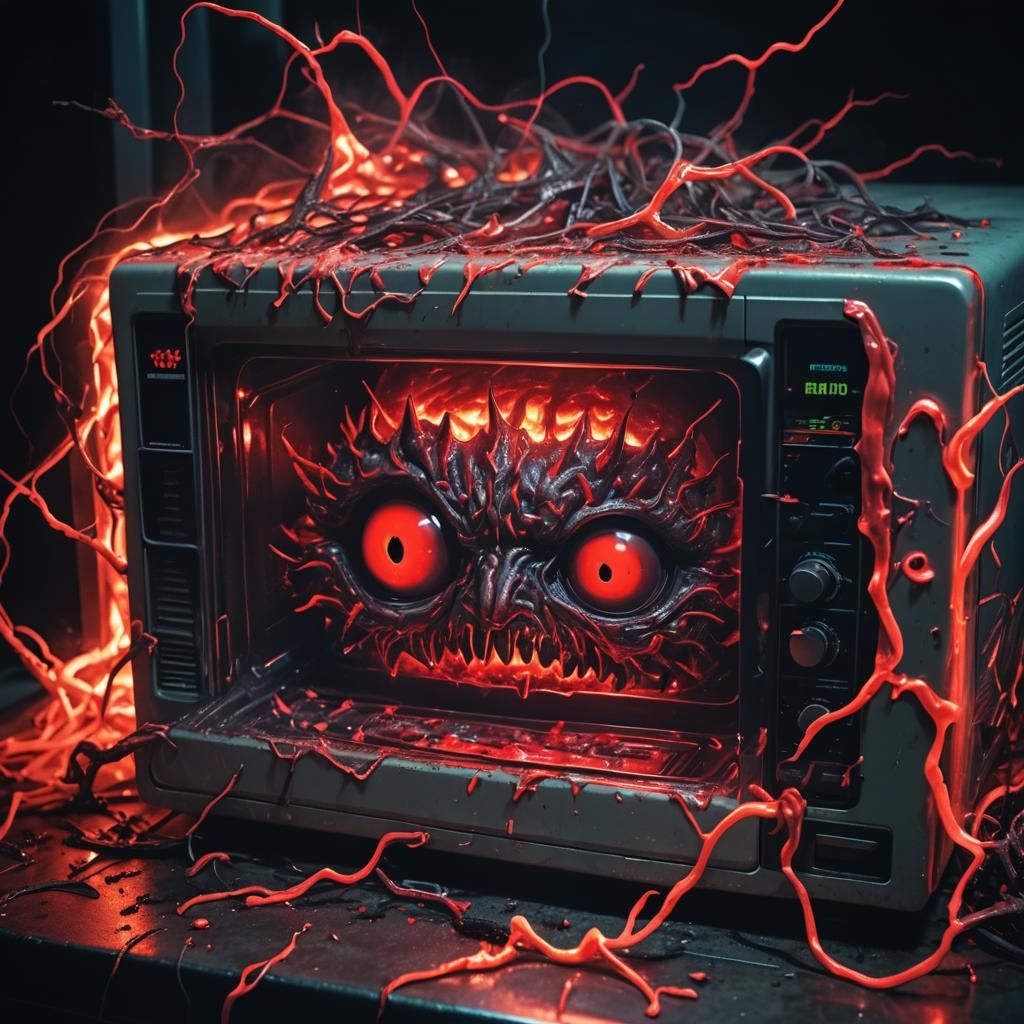 Surreal Microwave Nightmare in 80s Horror Style