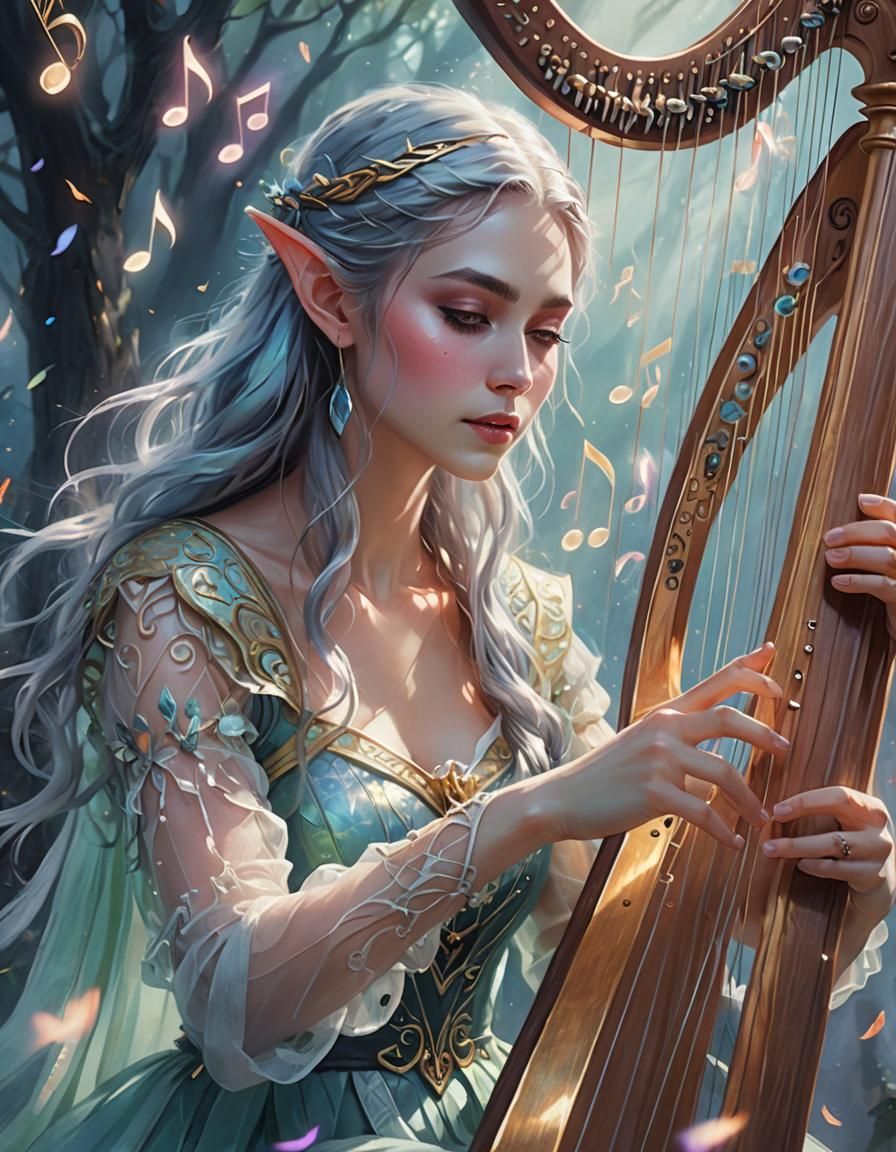 Young Elf's Harp Melody Unfurls in Whimsical Fantasy
