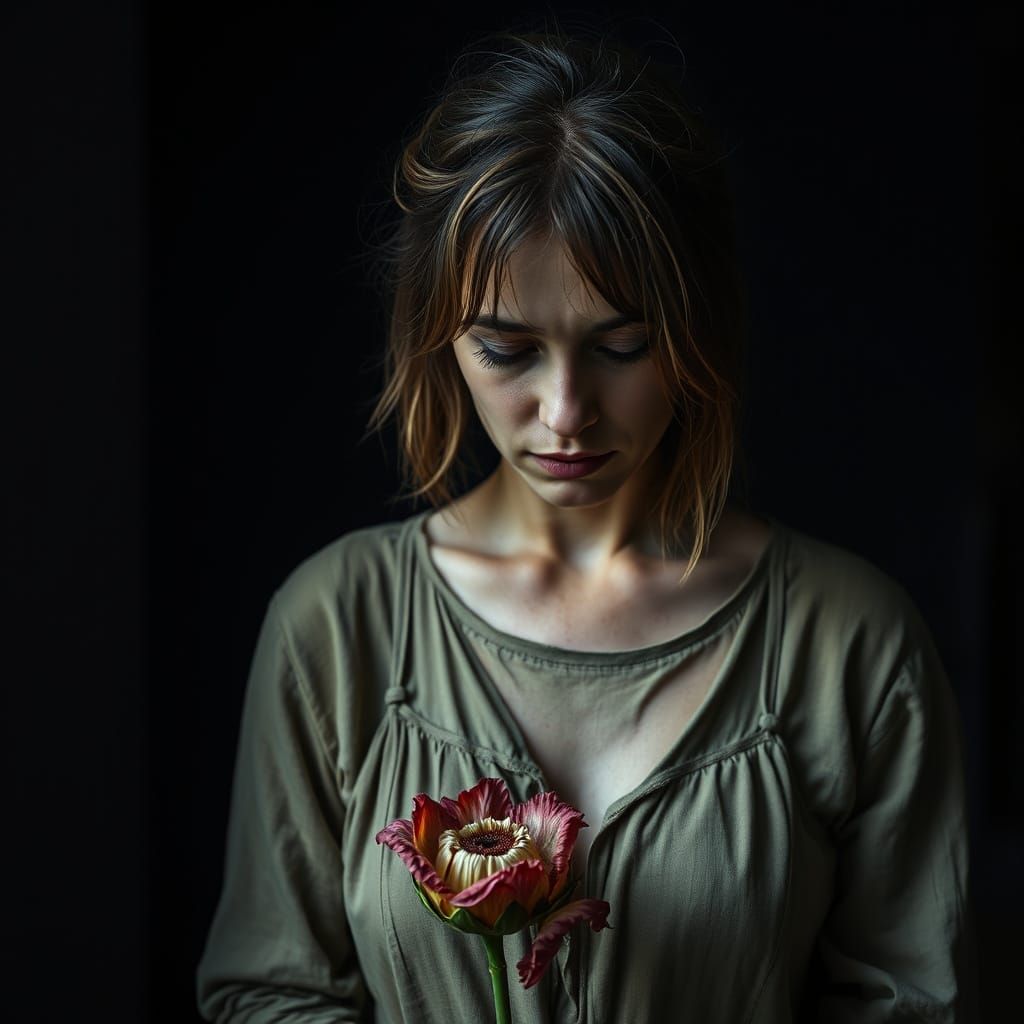 Sorrowful Woman with Wilted Flower: Emotive Portrait