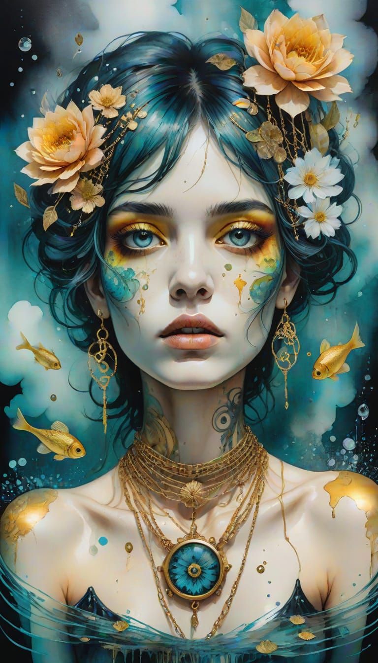 Surreal Woman in Pond with Floral Tattoos and Gold Chains