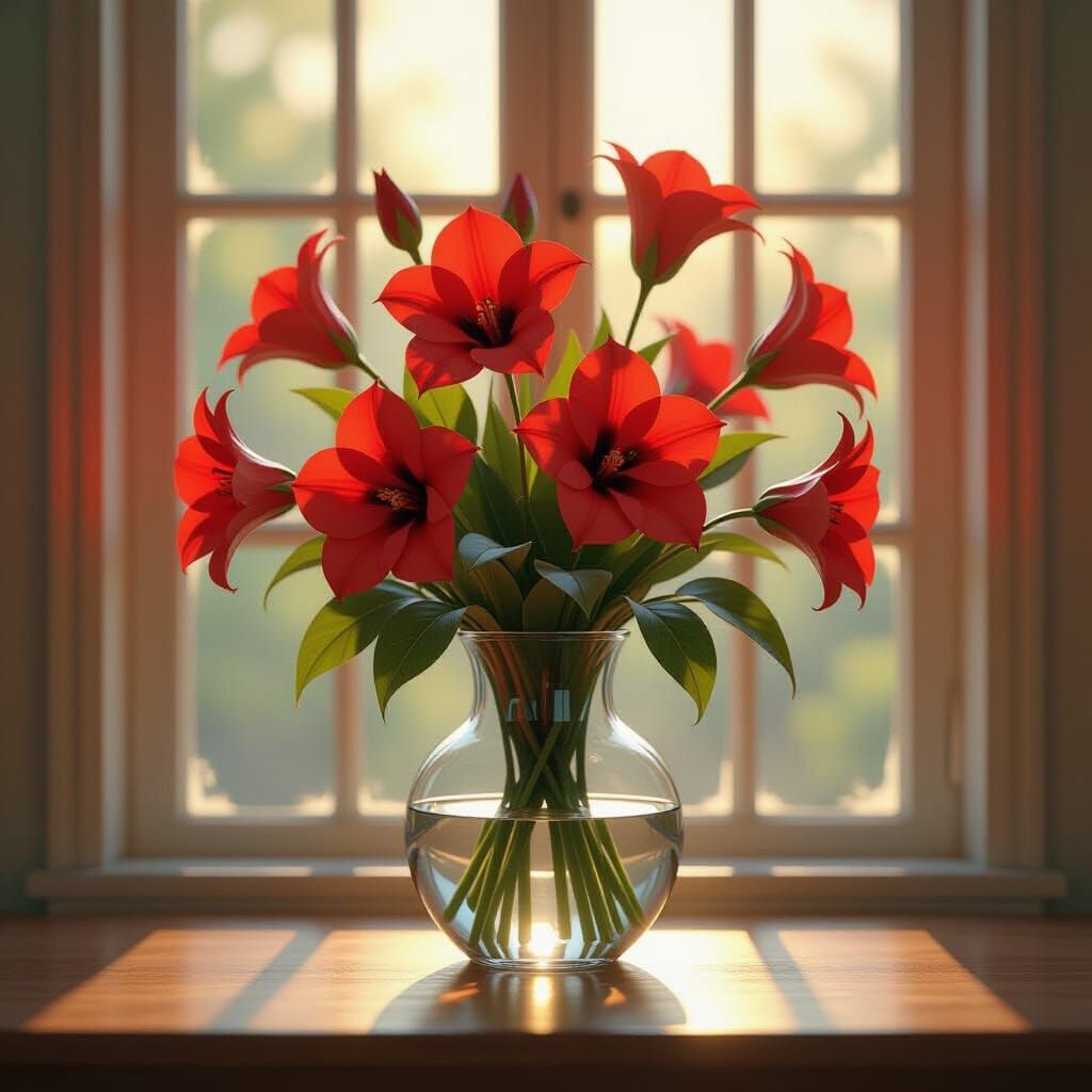 Red Flowers in Vase: Oil Painting with Soft Window Shadows
