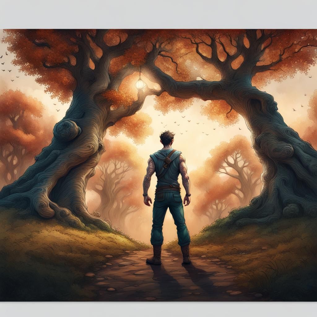 Man Under Oak Tree in Tattoo Style