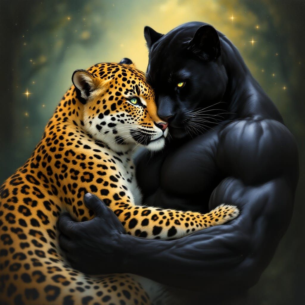 Regal Female Leopard Cuddles with Muscular Panther in Dreamy...
