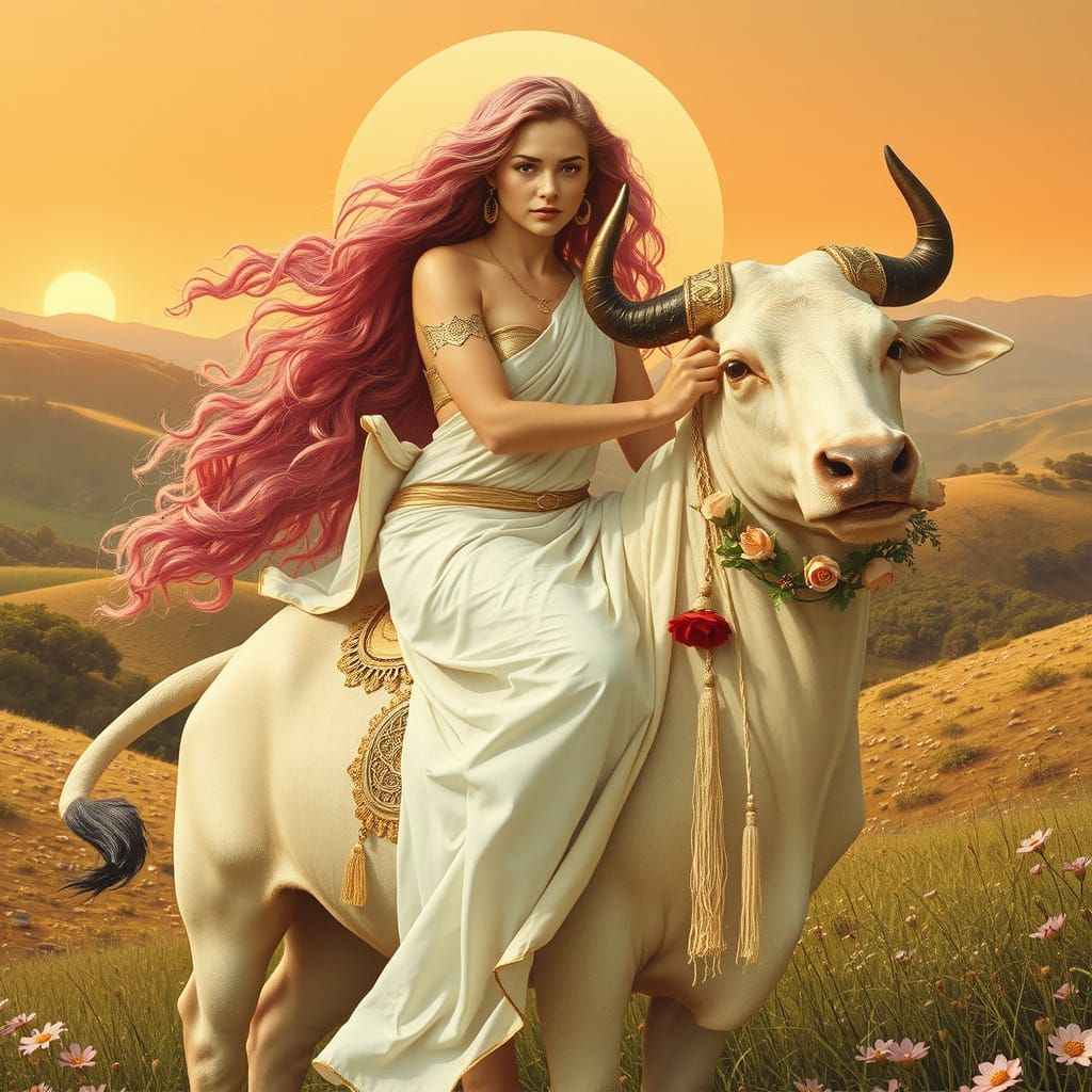 Taurus Goddess Rides a Majestic White Bull in a Sun-Kissed L...