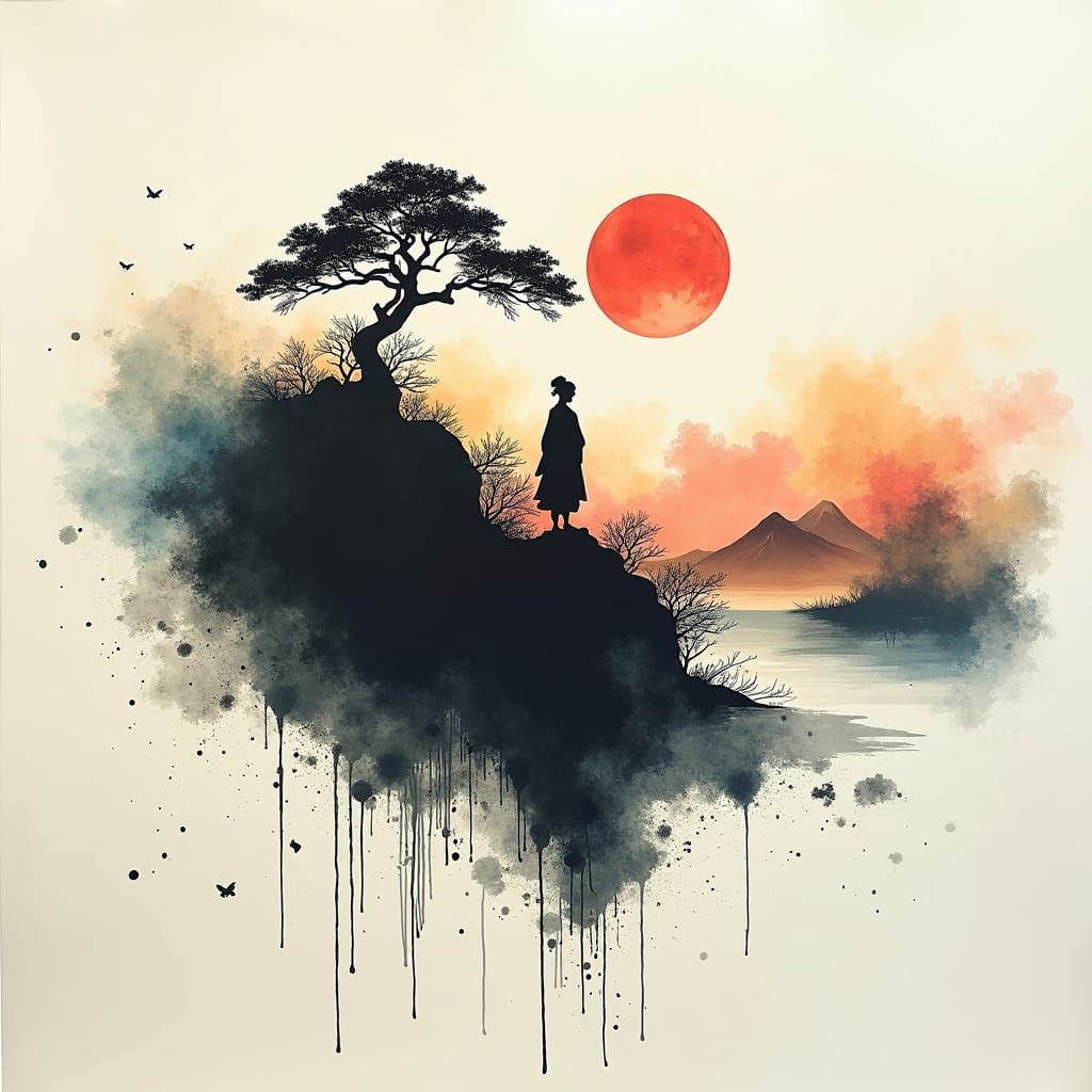 Ink Splatter Geisha in Japanese Landscape