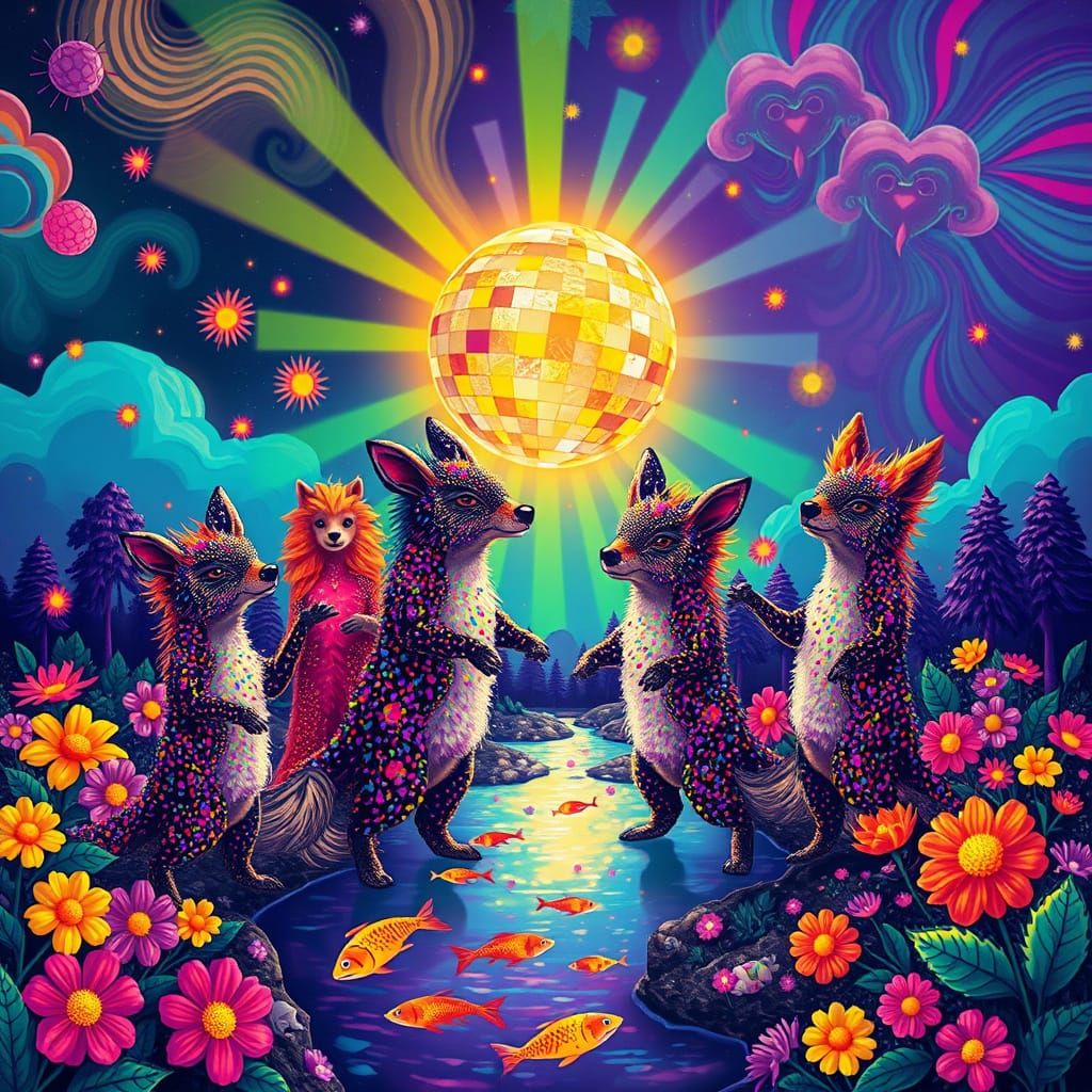 Confetti Animals Dancing Under Psychedelic Sky