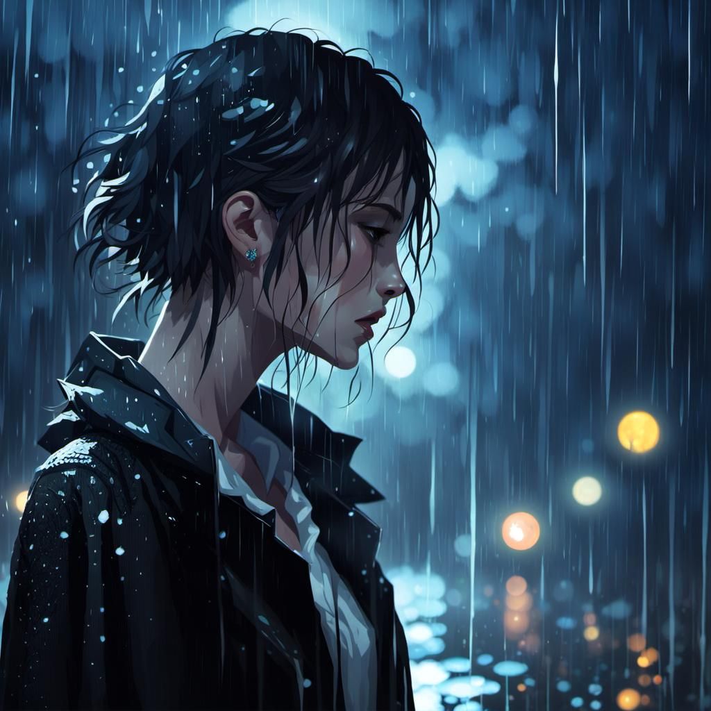 Sad Girl in Rain: Hyperdetailed Cross Hatching Drawing