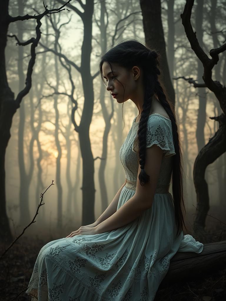 Melancholic Girl in Misty Forest: Gothic Romanticism