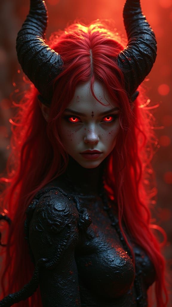 Dark Queen of Abyss with Scarlet Hair in Demonic Surrealism