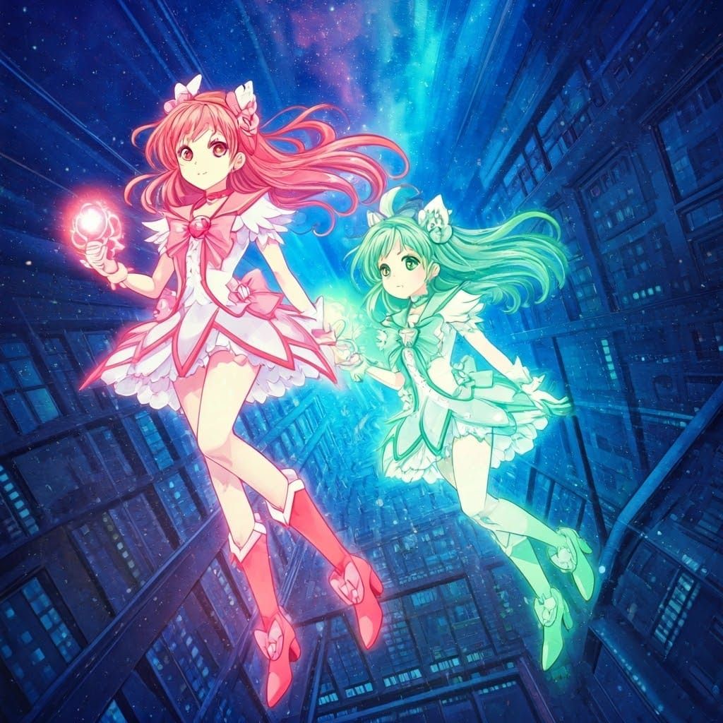Magical Girls Soaring Through City in Anime Style