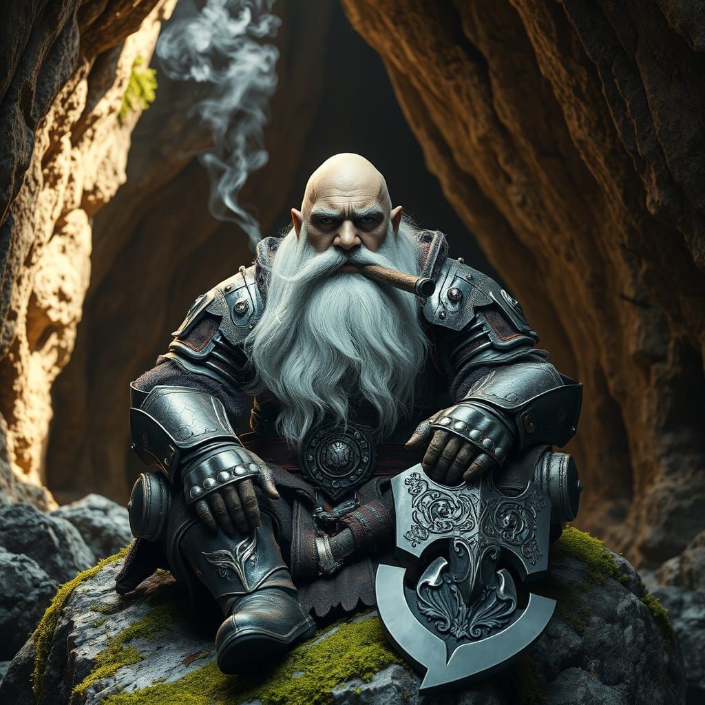 Dwarf in Armour Smoking Pipe, Fantasy Realism Portrait