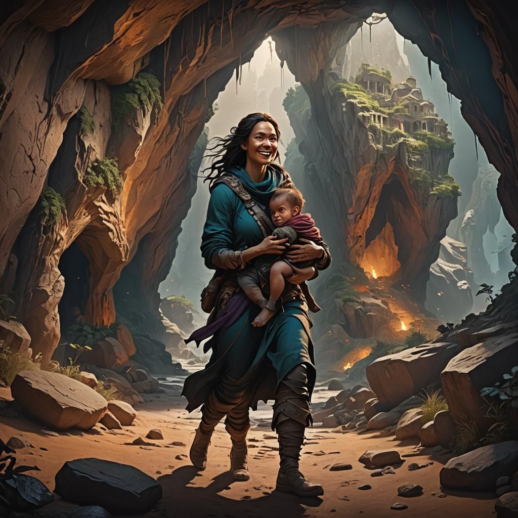 Happy Woman Carrying Baby in Cave: Detailed Matte Painting