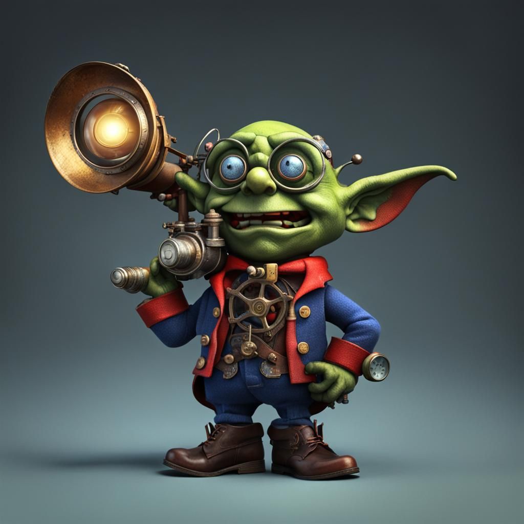 Naughty goblin in Toy Town with Noddy and Big Ears steampunk engine