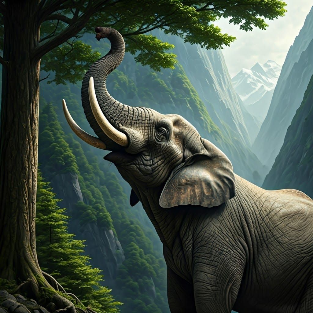 Majestic Elephant Reaching for Mountain Leaves
