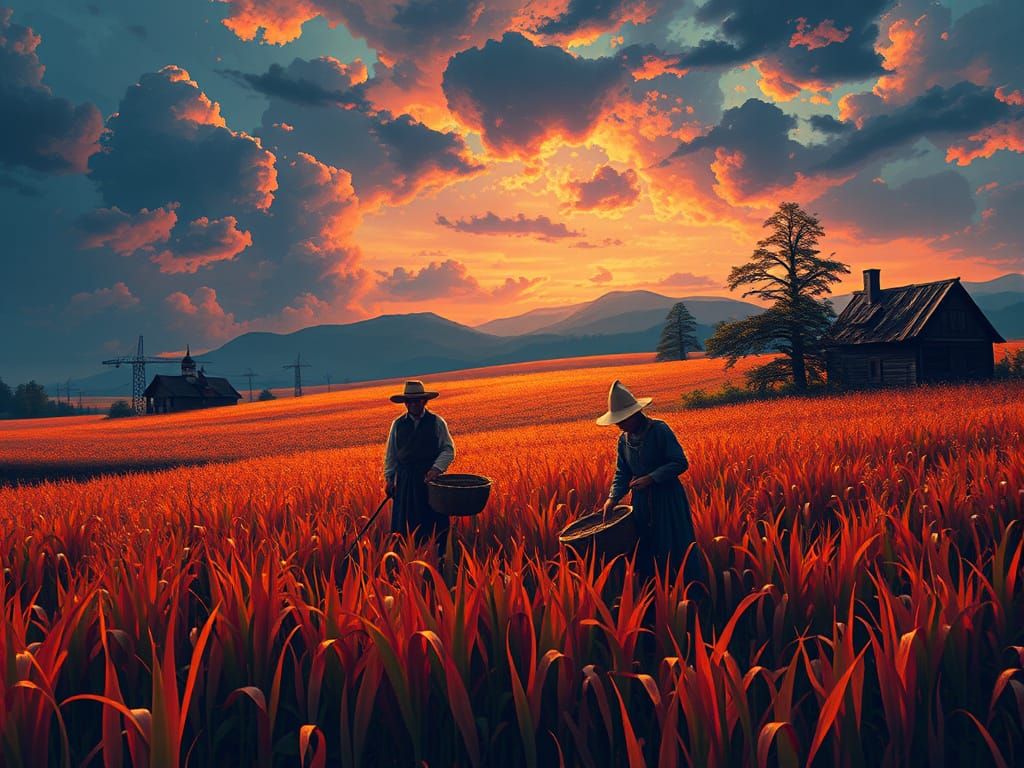 Medieval Peasants in a Dreamlike Field