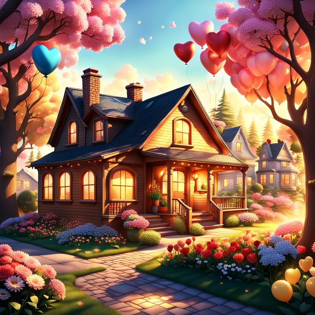 Charming 3D House Portrait with Blooming Flowers
