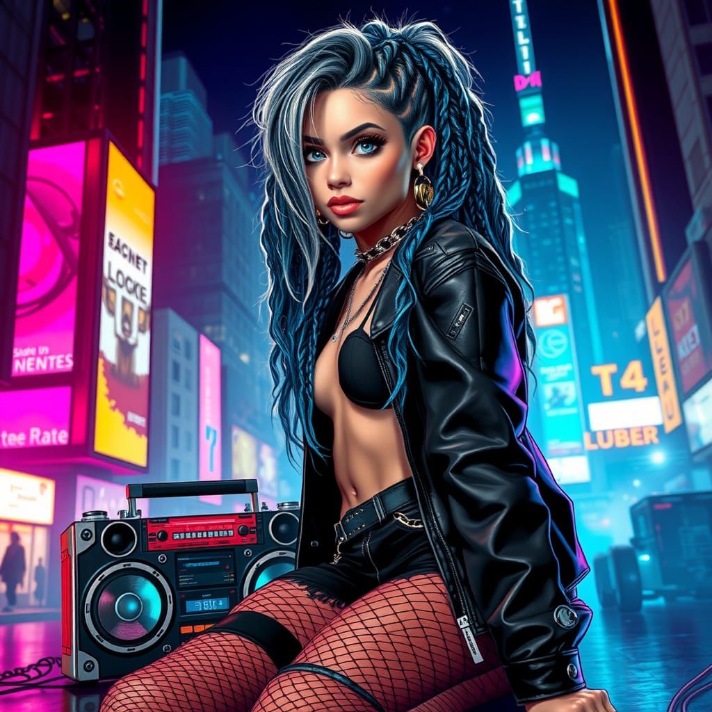 Grunge Punk Girl in Sci-Fi Cityscape