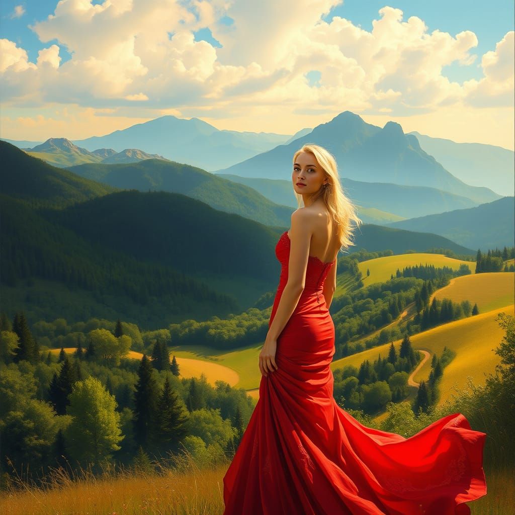 Ethereal Beauty in Scarlet Regalia Amidst Sun-Kissed Landsca...
