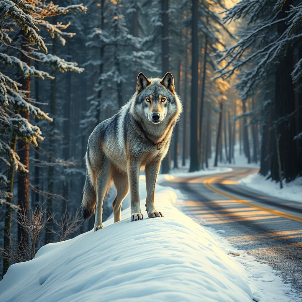 Majestic Timber Wolf Stands Guard on Snowy Forest Road