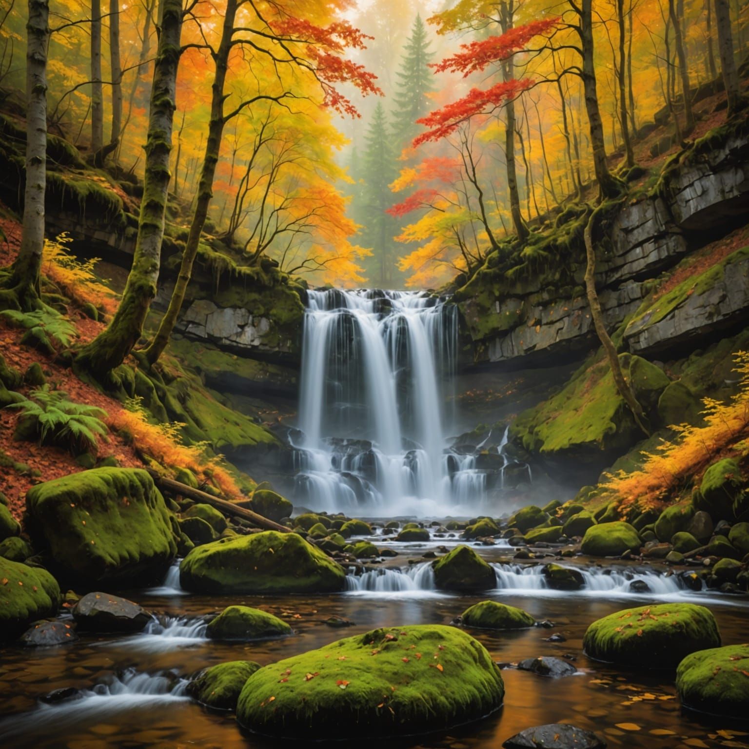 Autumn Waterfall in Impressionistic Landscape Style