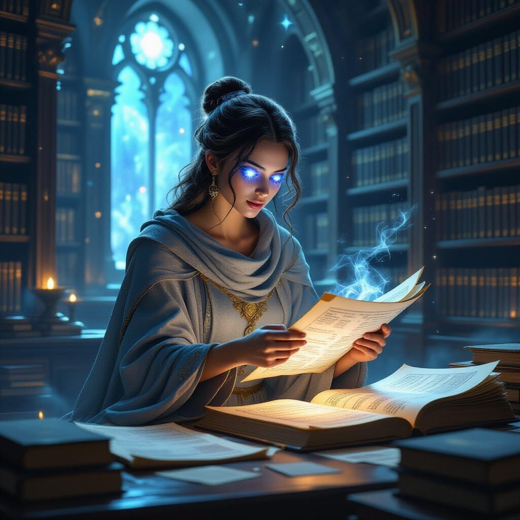 Celestial Librarian Organizing Cosmic Scrolls in Vast Librar...