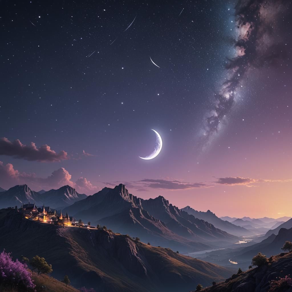 Smiling Crescent Moon in Starry Night: Matte Painting