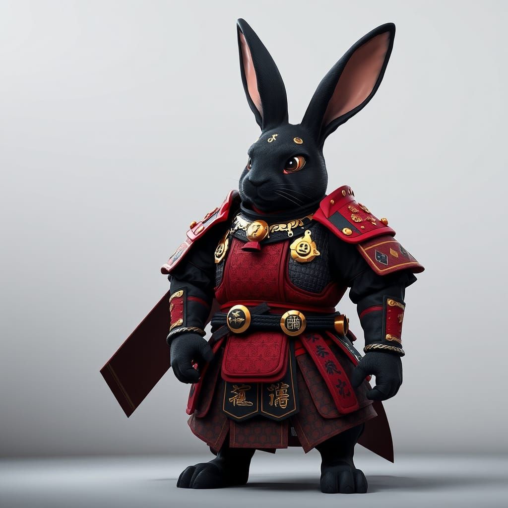Regal Black Rabbit in Samurai Armor, Anime Style
