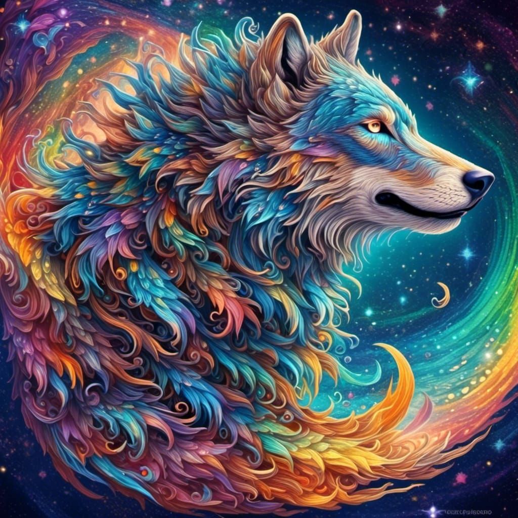 Colorful Wolf Made of Swirling Stars
