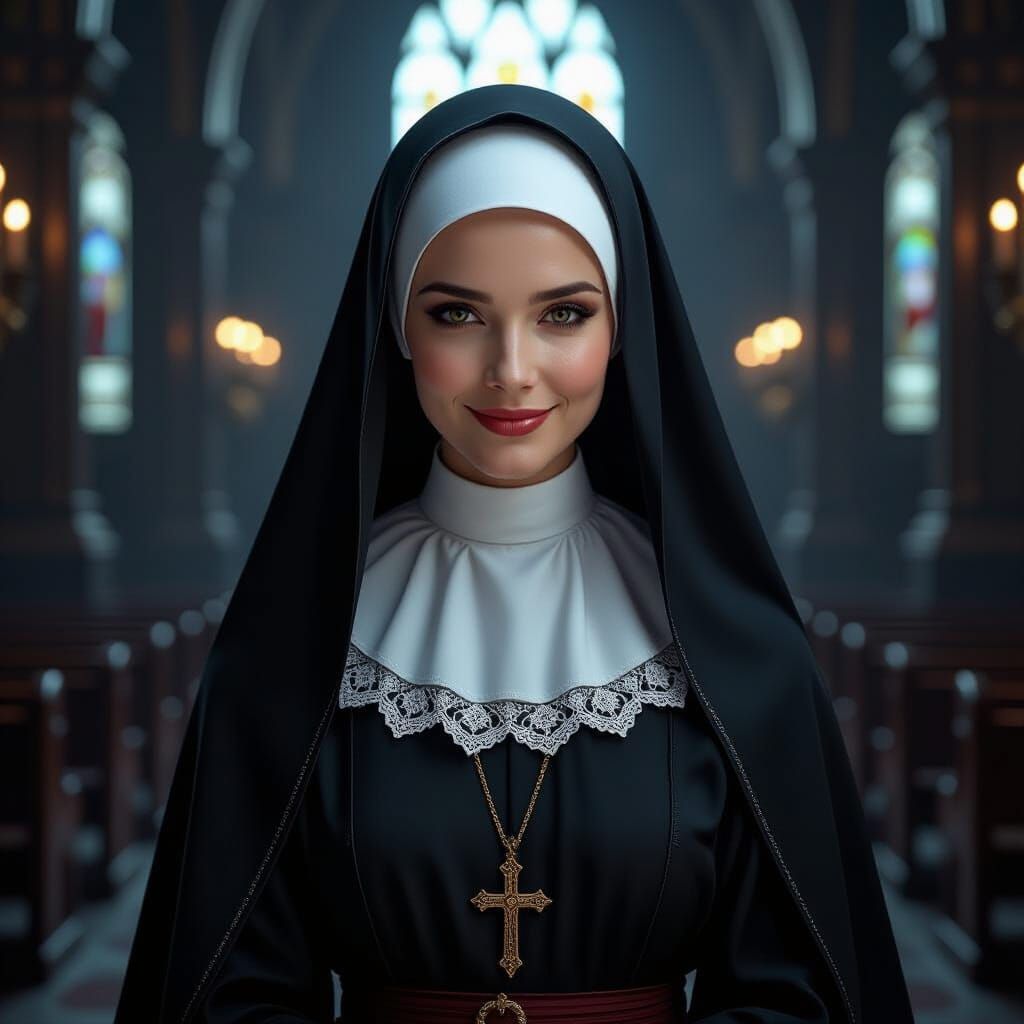Mysterious Nun in Dark Chapel: Photorealistic Art