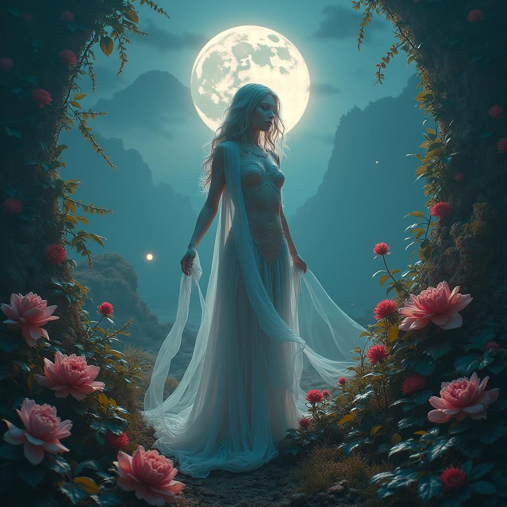 Mystical Moonlit Woman in Dreamlike Baroque Style