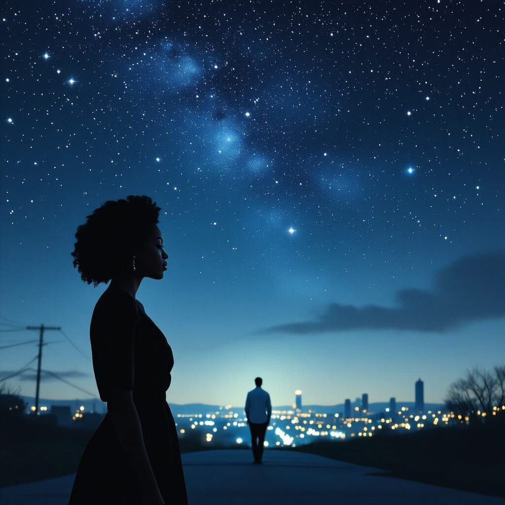 Midnight Encounter: Black Woman Meets Man Under Starry Sky