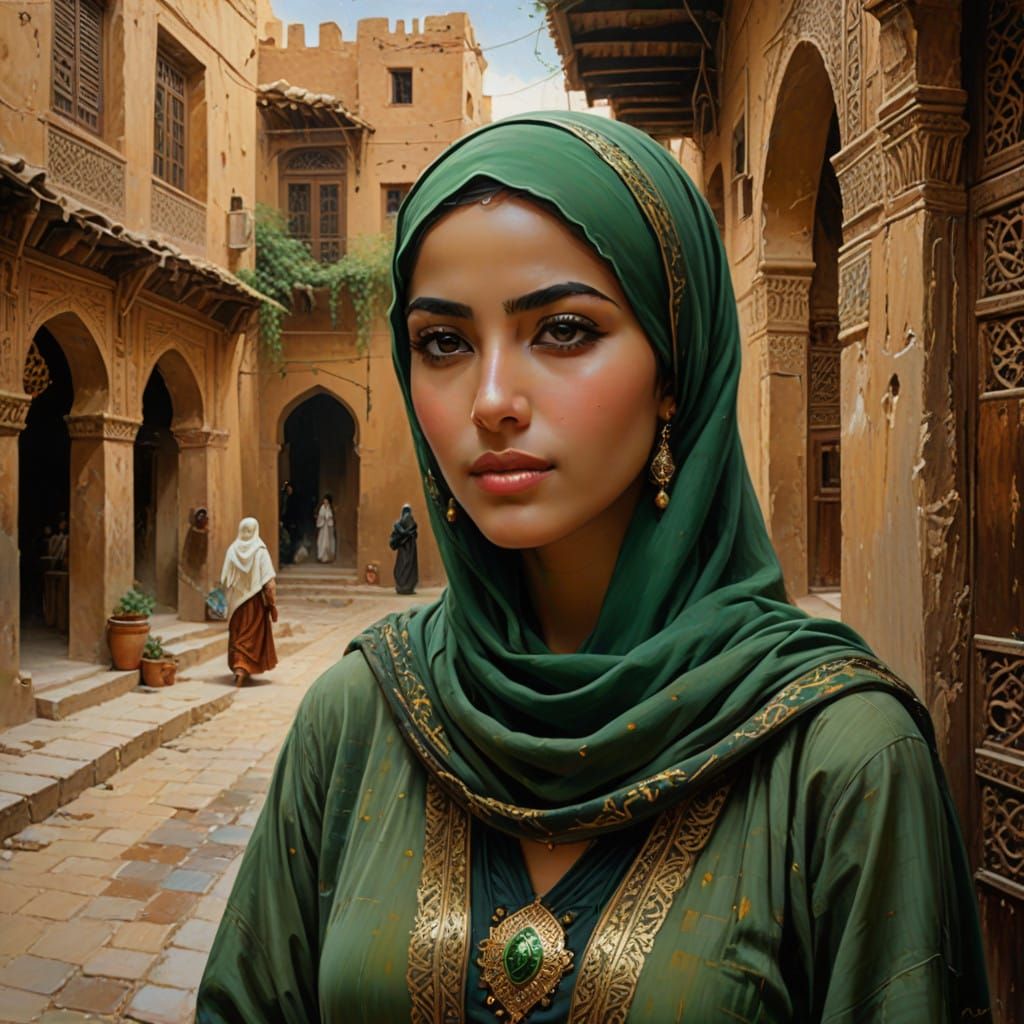 beautiful female wearing hijab in terrace, casbah, dark hair, natural beauty, splash art, oil canvas...