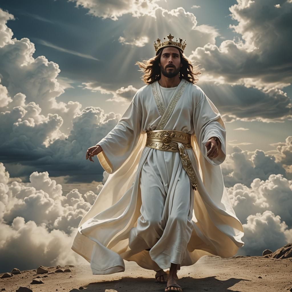 Jesus and Bride on Clouds: Cinematic Film Still