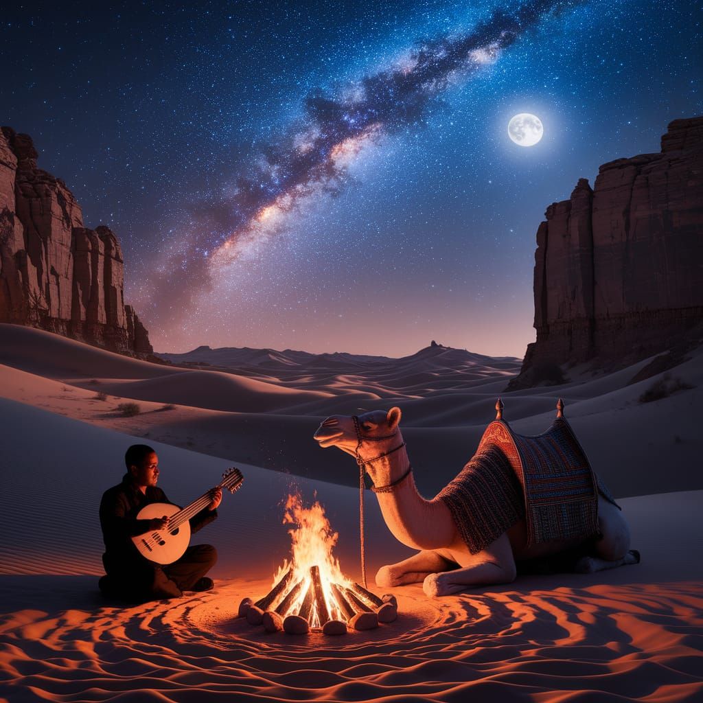 Moonlit Desert Caravan Serenade Under Starry Sky