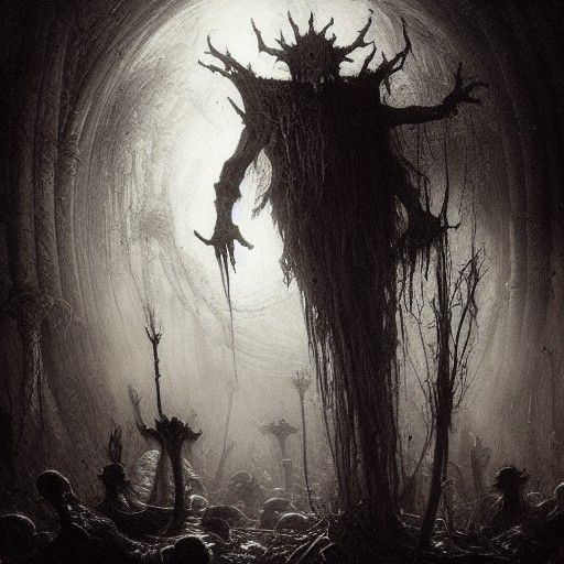 Surreal Horror Mushroom Figure in Doré Style