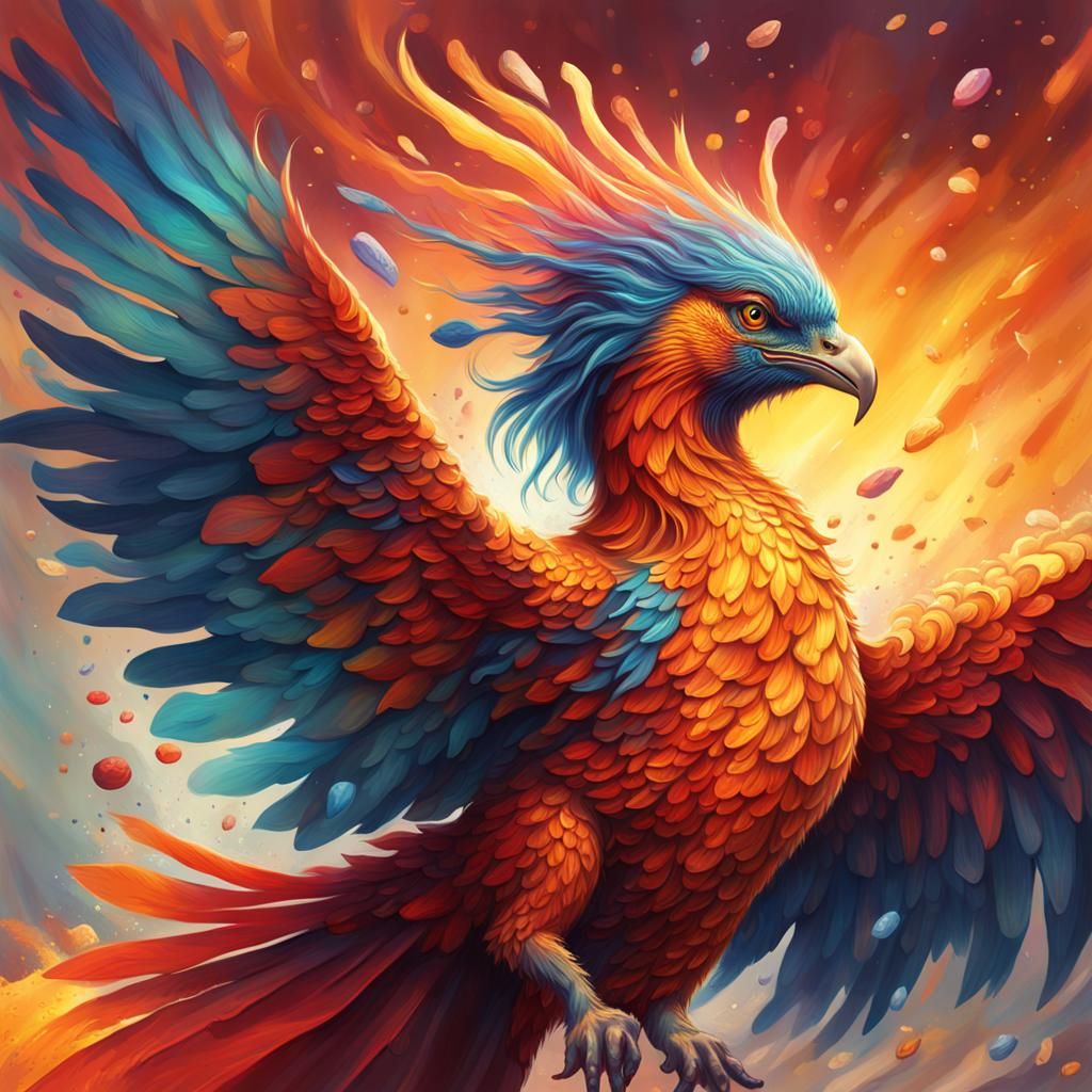 Whimsical Phoenix in Hyperrealistic Splash Art