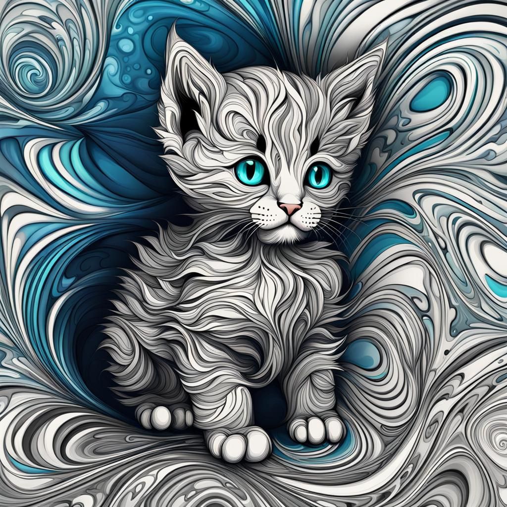 Abstract Fractal Kitten with Zentangle Details